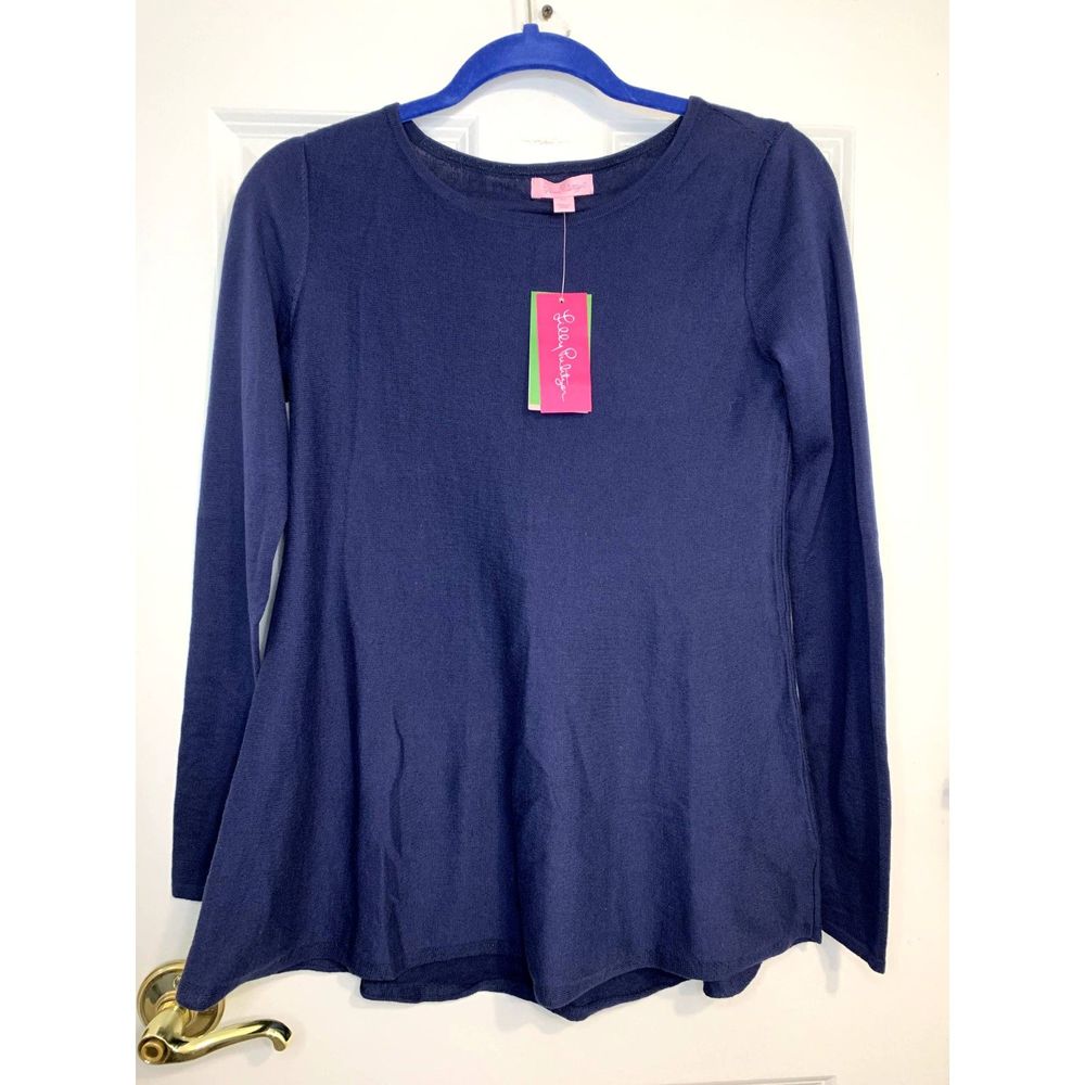 Lilly Pulitzer Long Sleeve Knit Ingle Sweater Navy Flared Hem Size XS - NWT